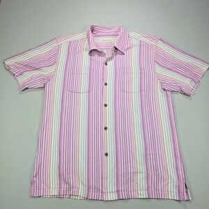 Tommy Bahama Silk Button Down Striped Camp Shirt Purple Pink Mens Large
